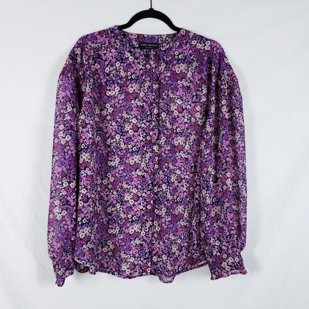 Lane Bryant Feminine Floral Button Top Womens 20 Sheer Ruffle Romantic Office